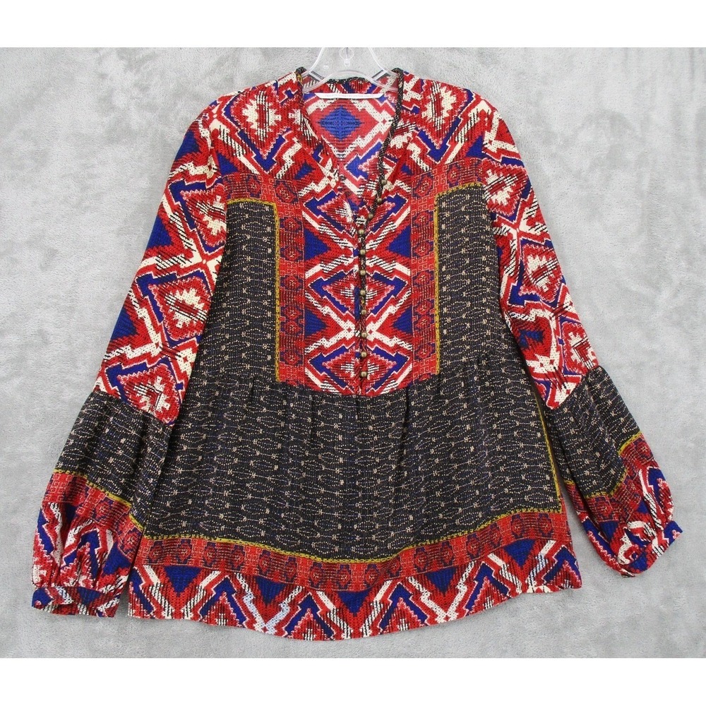 Twelfth Street By Cynthia Vincent Top Womens Size M Silk Boho Aztec Western Red